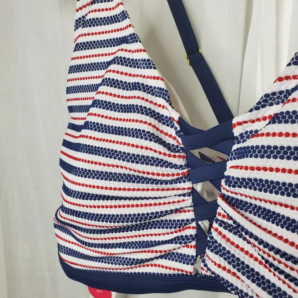 Xhilaration Red, White Blue Criss Cross Swim Top Size 26W, NWT
